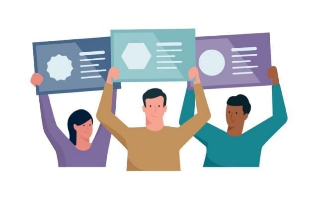 illustration of 3 people holding certificates